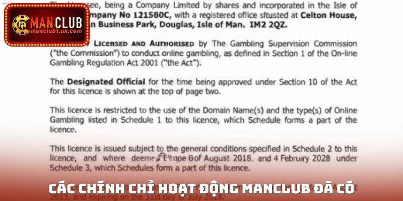 Các chính chỉ hoạt động Manclub đã có